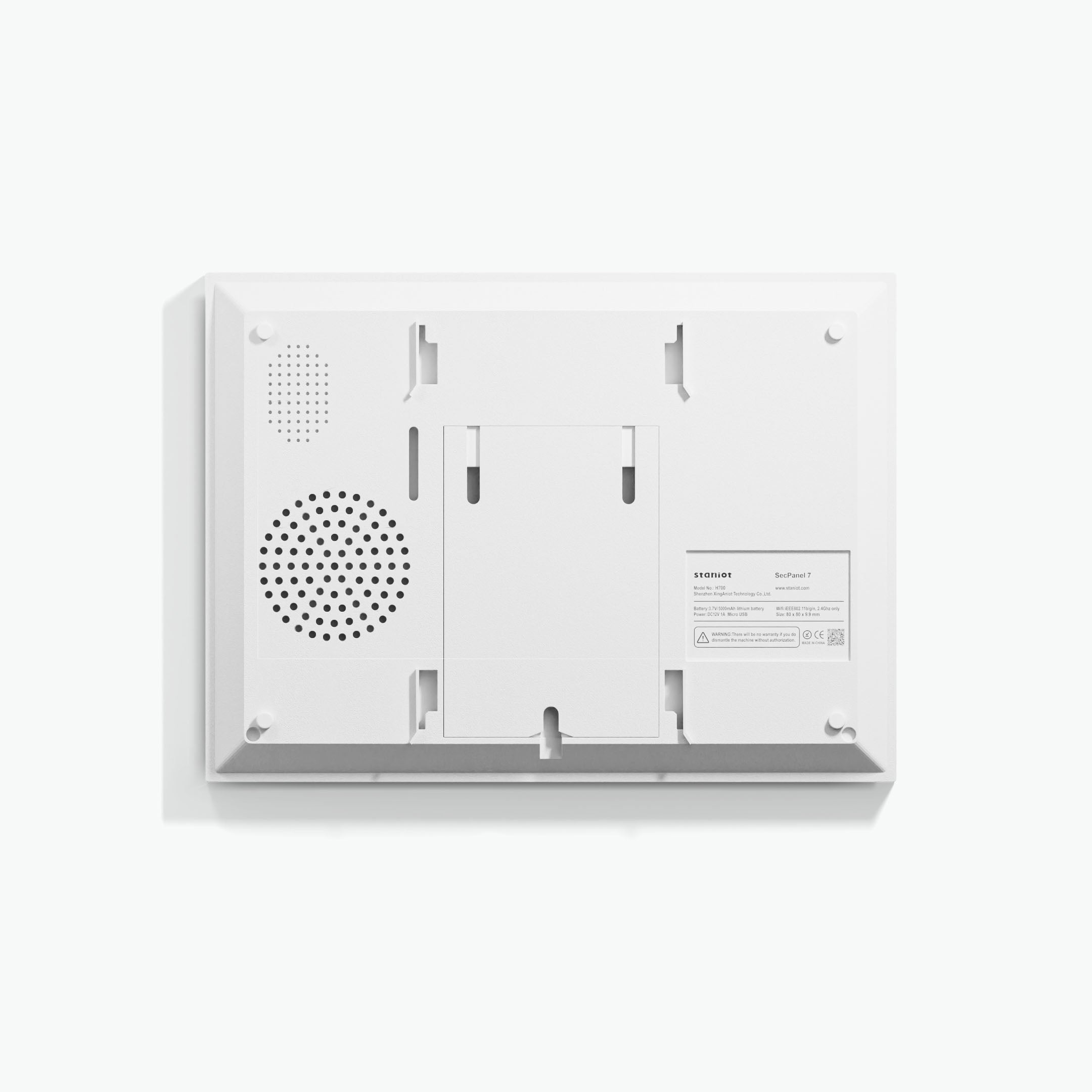 Back view of Staniot Secpanel 7 smart security panel on a white background