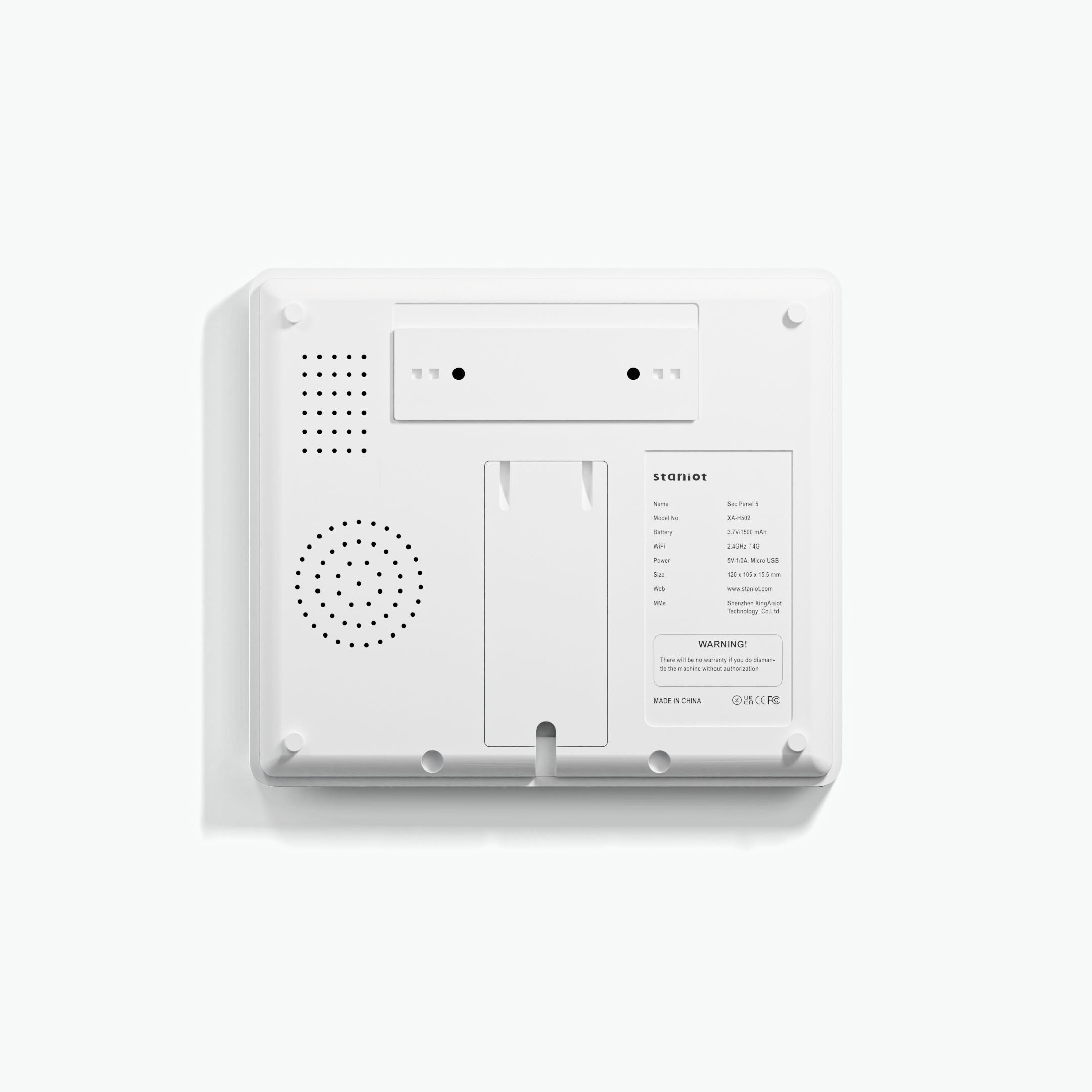 Staniot SecPanel 5 - H502 - Smart security System display panel back view on a white background