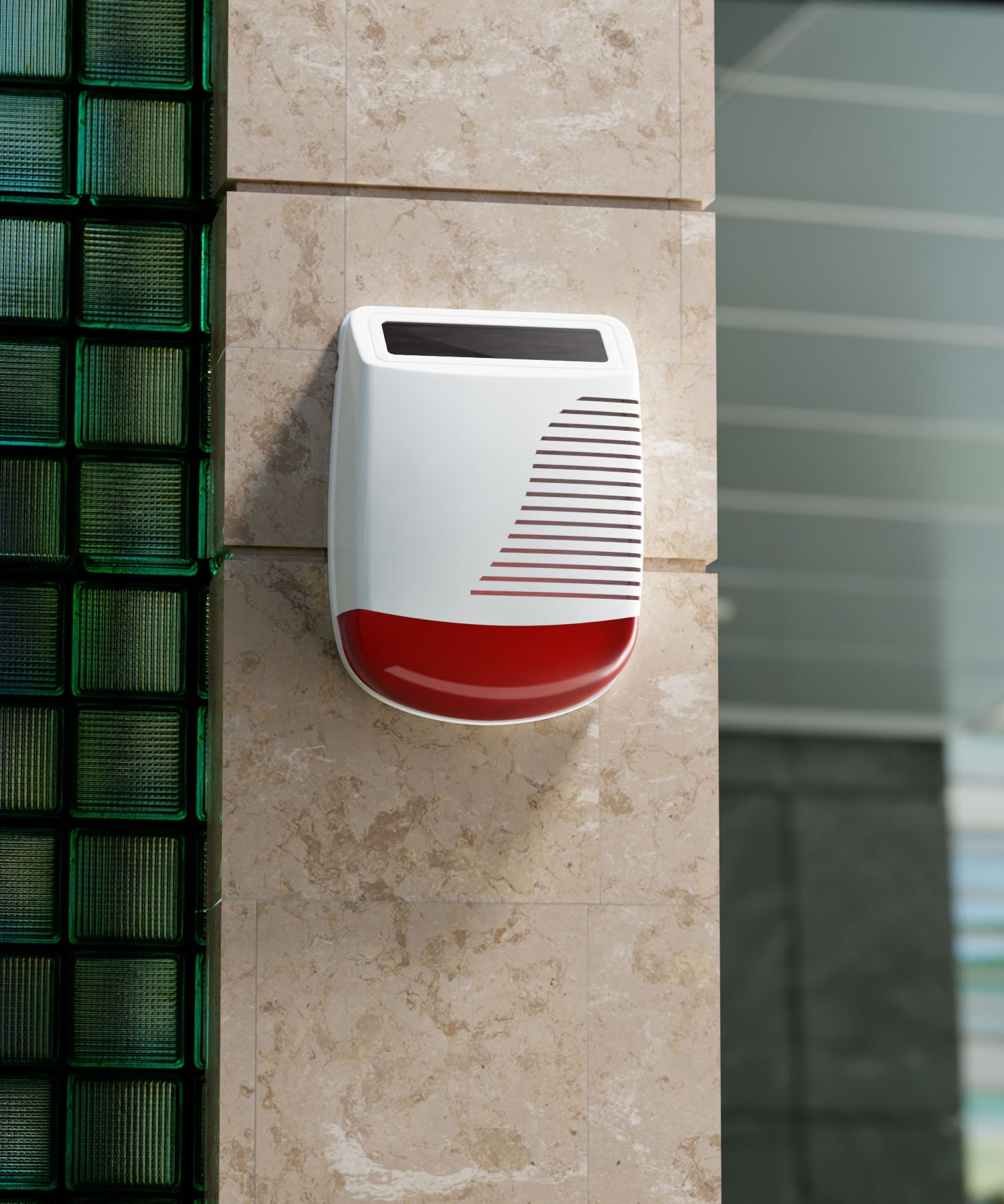 Staniot WSR100 Wireless Outdoor Solar Charged Siren placed outside against stone column  