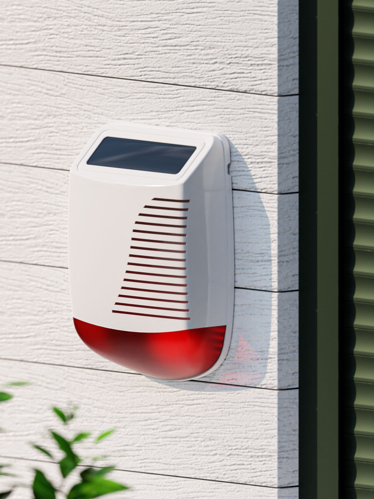 Staniot WSR100, Wireless Outdoor Solar Charged Siren positioned on exterior face of home against white wooden planks