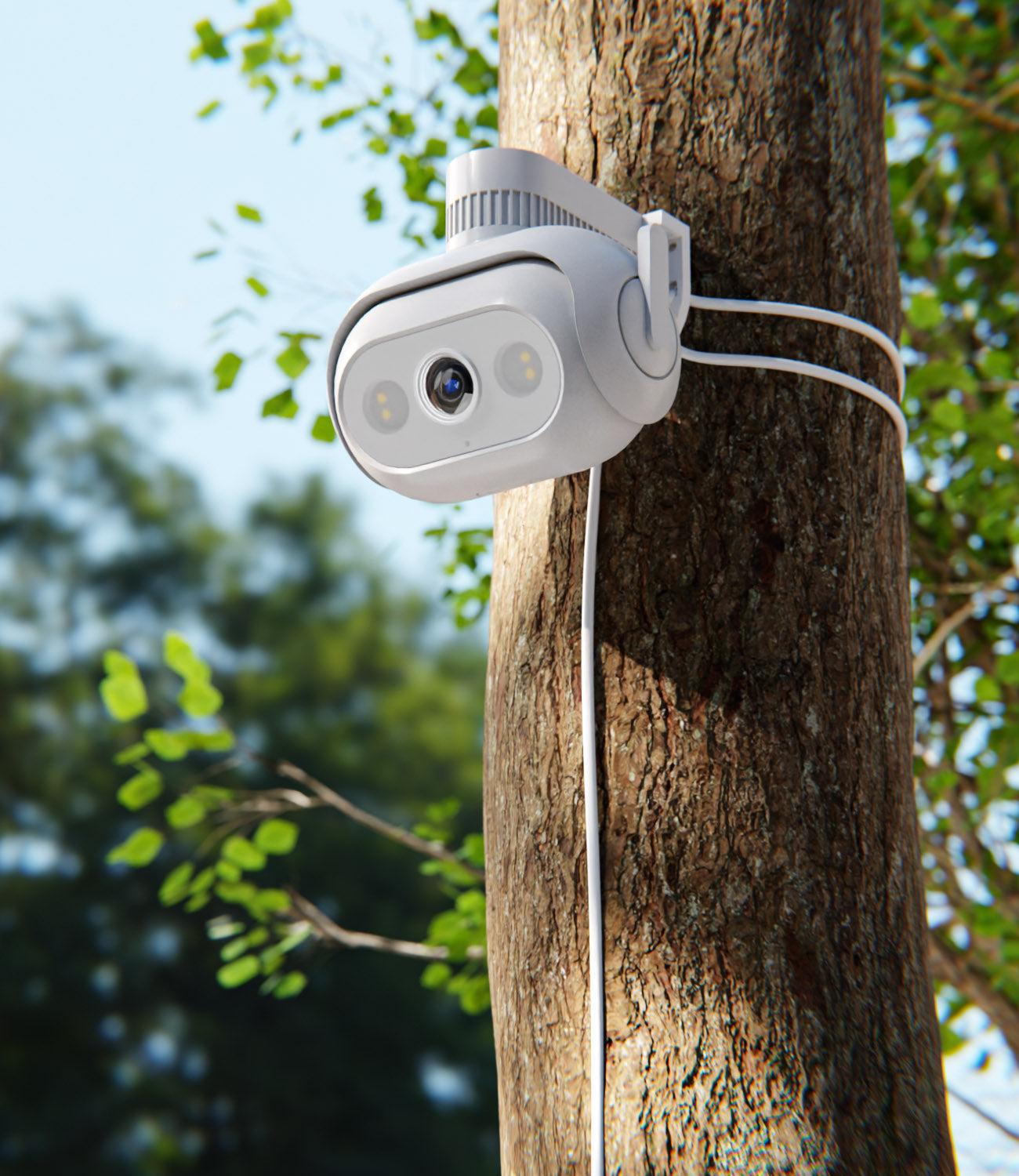 a-white-security-camera-hanged-on-tree-trunk-using-cables