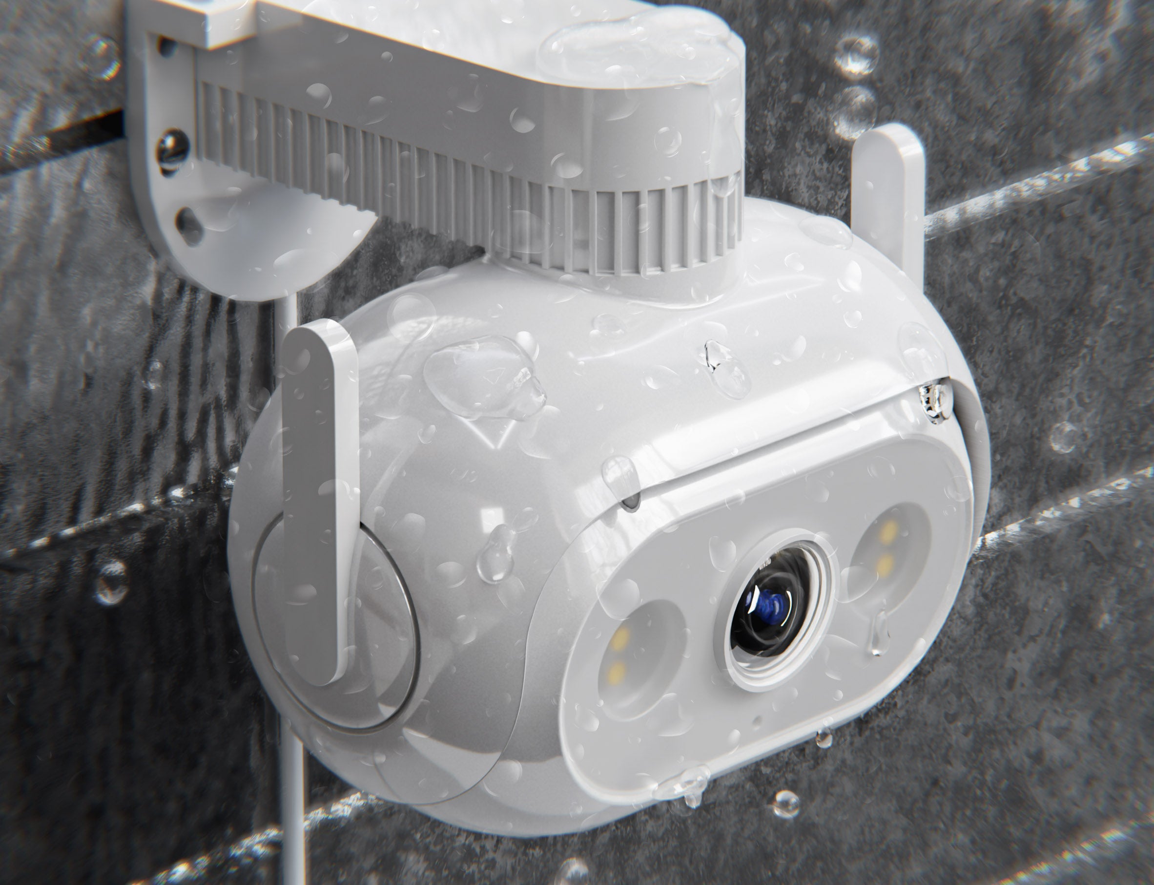 closeup-of-imilab-ec5-camera-hanged-on-grey-brick-wall-during-rain