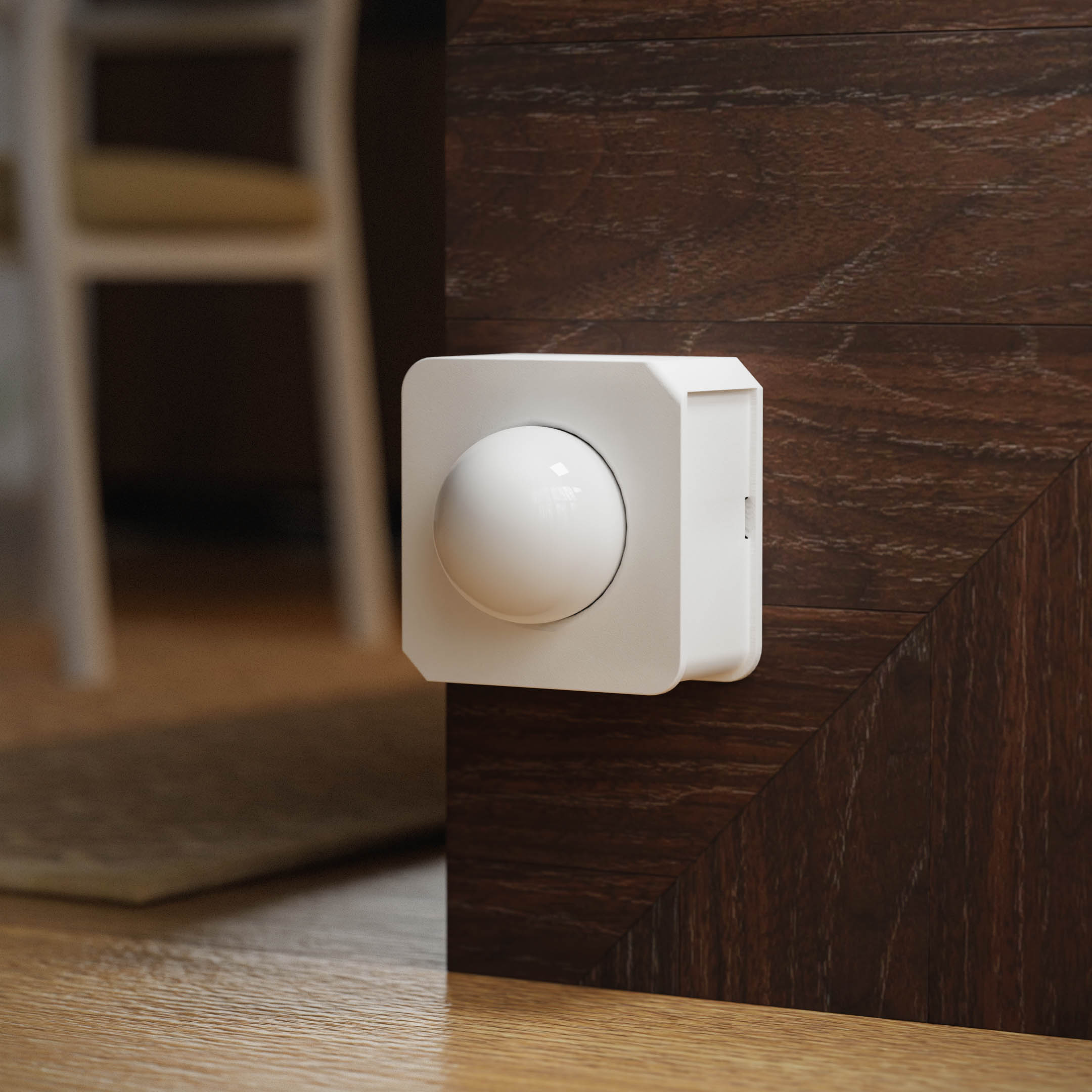 SNZB-03-smart-motion-sensor-mounted-on-dark-brown-wooden-wall-near-the-floor