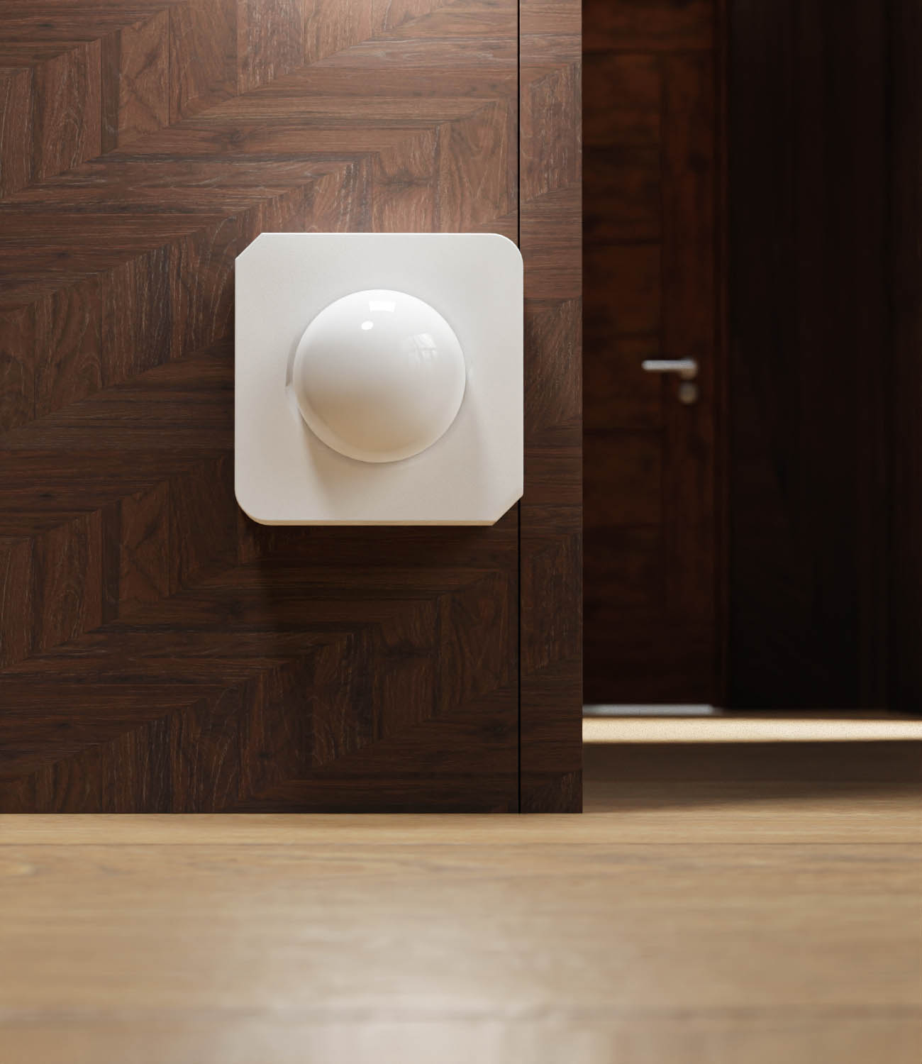 white-motion-sensor-device-installed-on-wooden-panel-near-floor