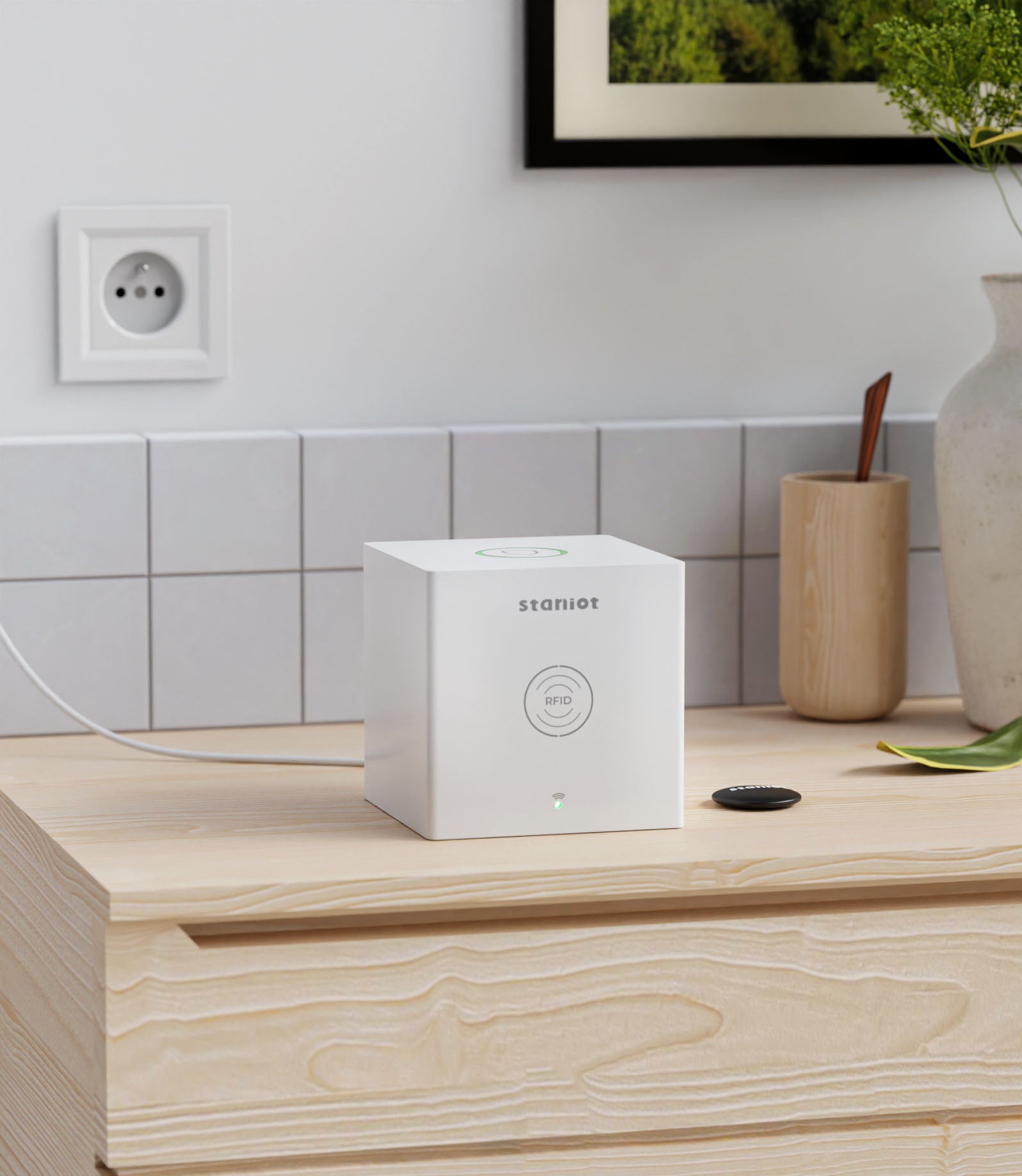 Sec-cube-3-modern-diy-white-alarm-box-with-rfid-key-placed-on-scandinavian-kitchen-table-top