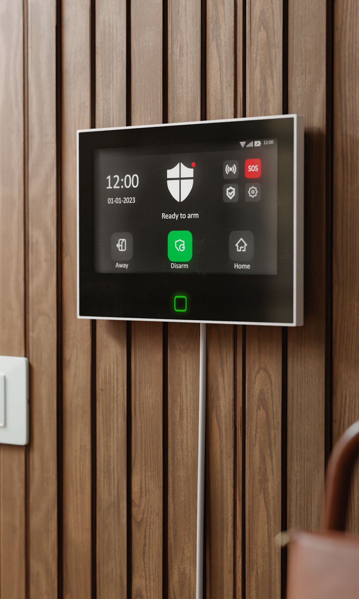 closeup-of-secpanel-7-smart-security-device-with-large-screen-mounted-on-wooden-indoor-wall