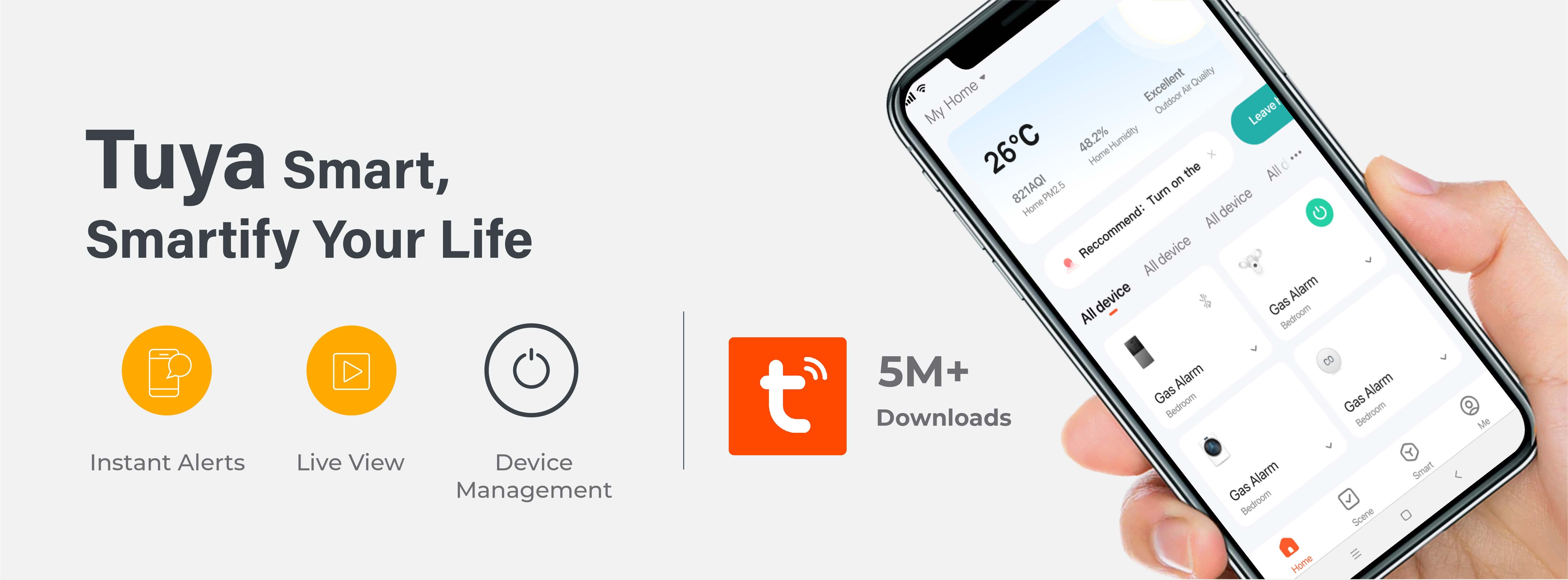 Tuya Smart mobile app, smartify your life banner title with hand holding mobile device showcasing UI